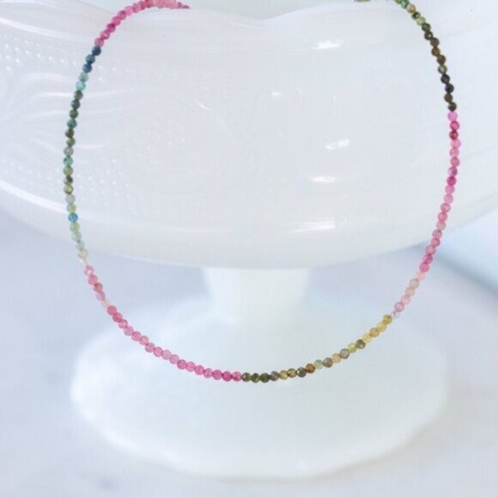 Watermelon Tourmaline Dainty Beaded Necklace Colorful Stacking Gemstone Necklace - Picture 8 of 11